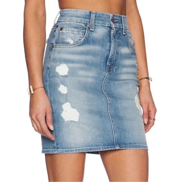 7 For All Mankind Light Blue Distressed Denim Pencil Skirt - Picture 2 of 9